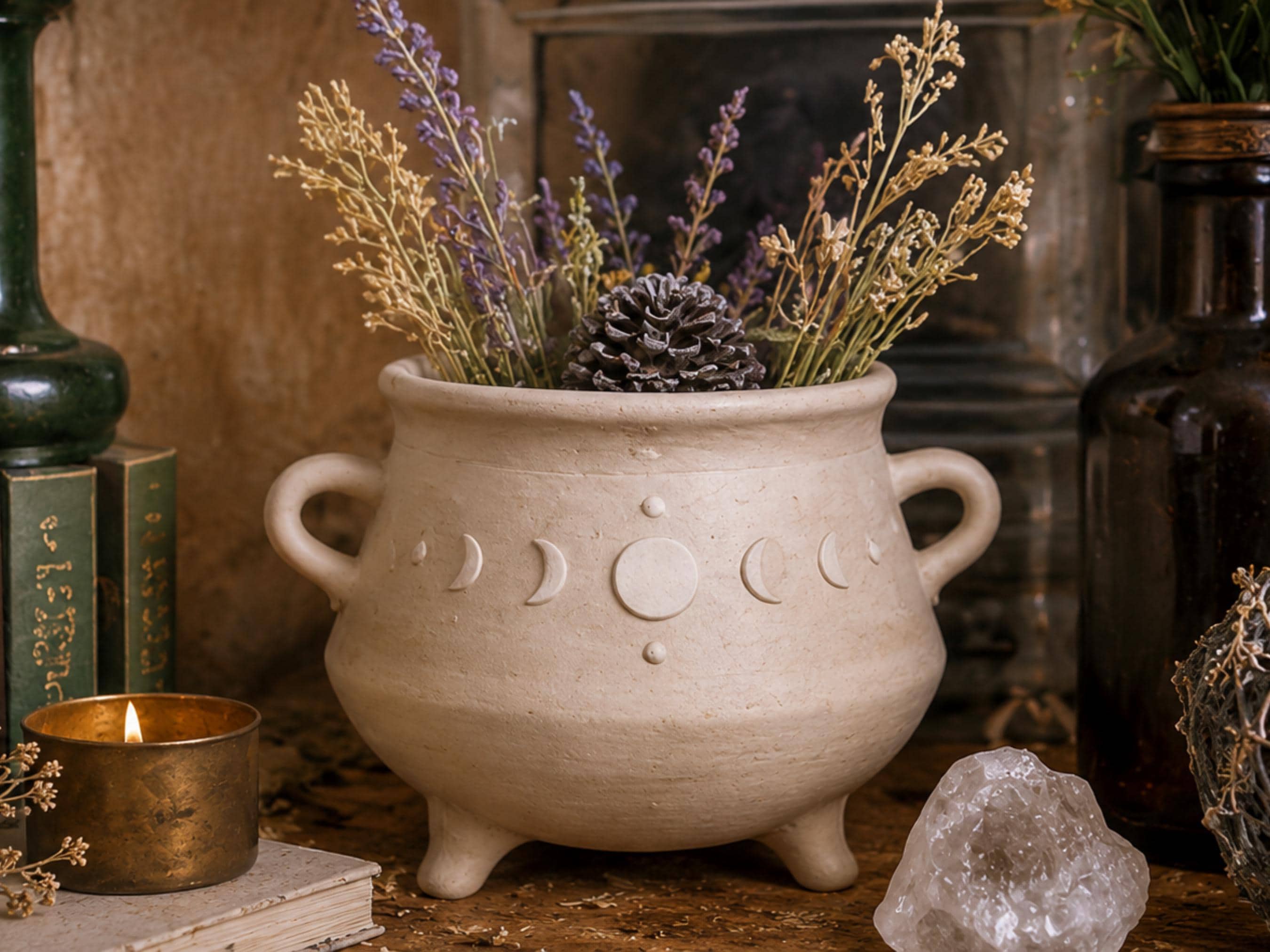 A white ceramic pot with a decorative design sits on a wooden surface, filled with a variety of dried flowers and a pine cone.