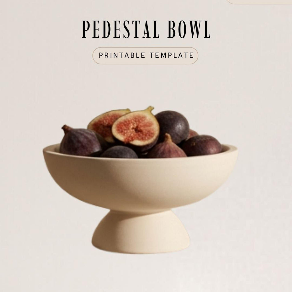 a pedestal bowl filled with various fruits, including figs and kiwi.