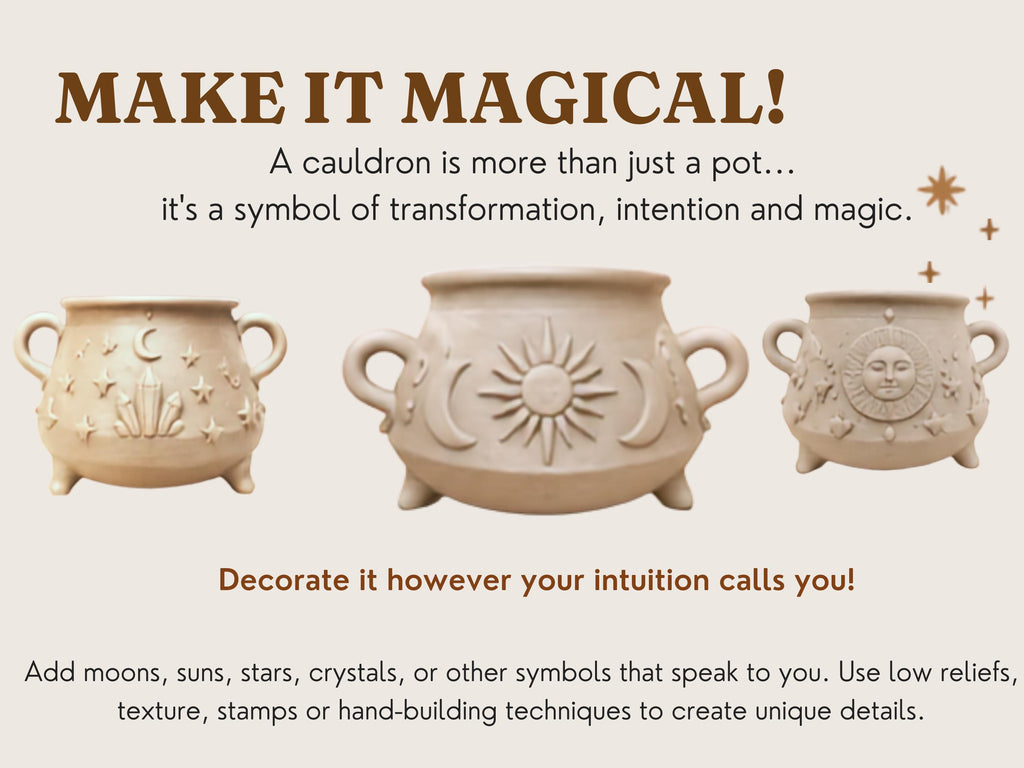 three decorative cauldrons with various symbols and designs, including stars, moons, and suns, along with a text overlay that encourages viewers to make their own magical cauldrons by decorating them according to their individual beliefs and intentions.