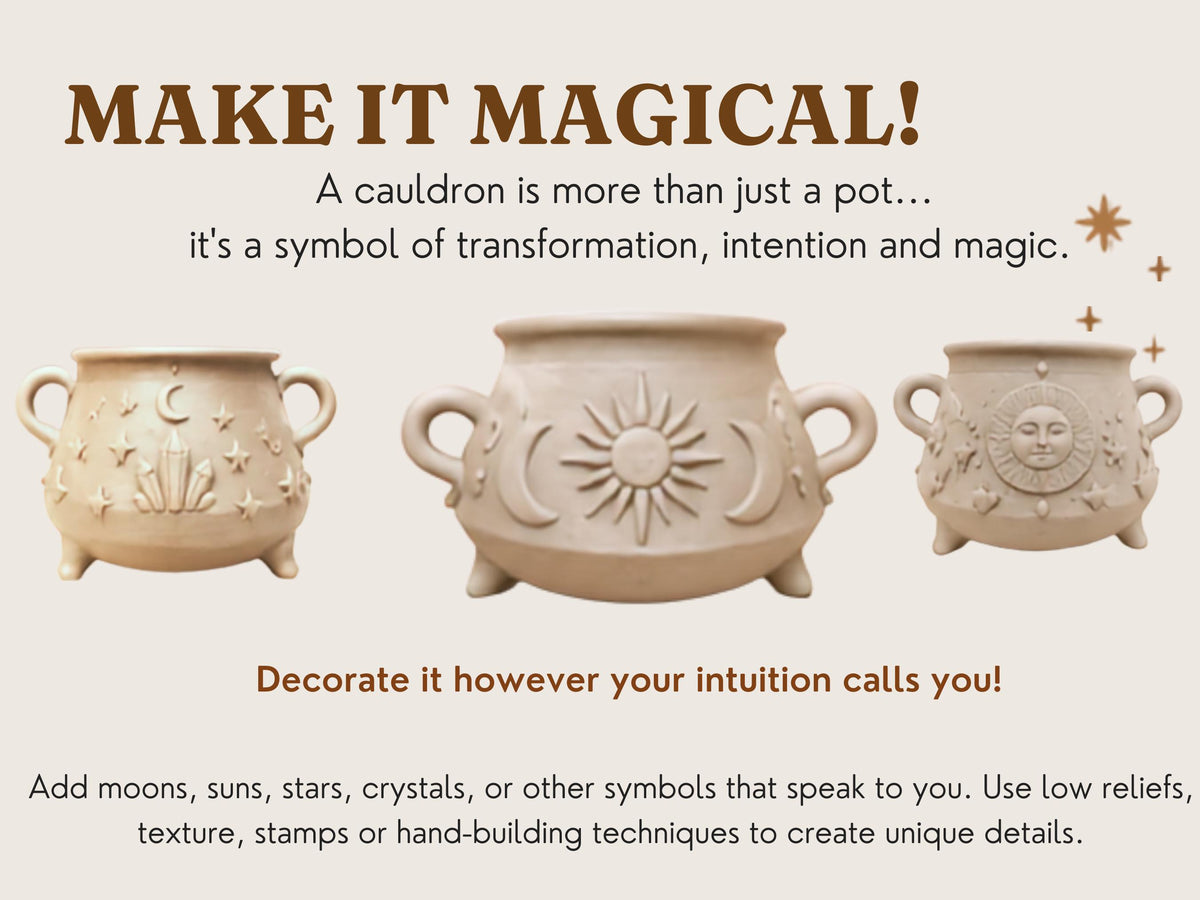 three decorative cauldrons with various symbols and designs, including stars, moons, and suns, along with a text overlay that encourages viewers to make their own magical cauldrons by decorating them according to their individual beliefs and intentions.