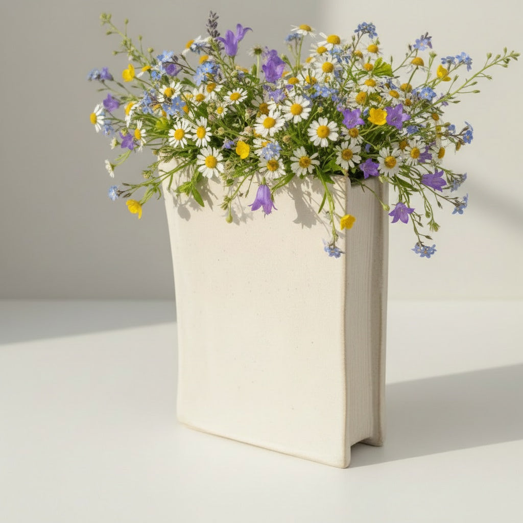 A white vase filled with a vibrant bouquet of colorful flowers, including daisies, chrysanthemums, and other blooms, placed on a white surface.