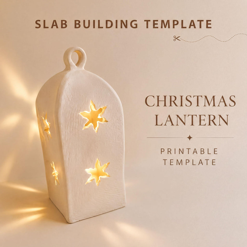 a Christmas lantern with a white, beige, and gold color scheme, and it is lit up with small, glowing stars. The lantern is placed on a light-colored surface, and there is a text overlay that reads "SLAB BUILDING TEMPLATE" and "CHRISTMAS LANTERN".