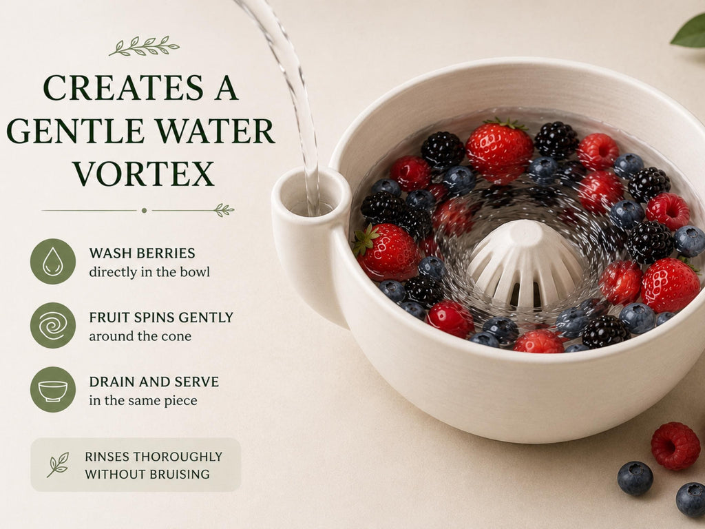 a white bowl filled with a variety of colorful berries, such as strawberries and blueberries, being washed gently in a bowl with water.