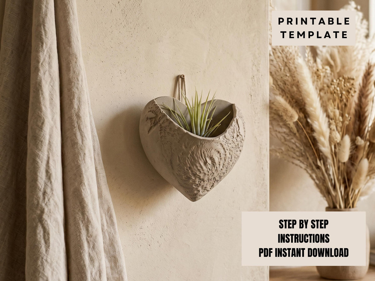 a heart-shaped planter hanging on a wall, with a potted plant inside it. The planter is made of a textured material and has a decorative design. The background of the image is a beige color, and there is a text overlay that reads "PRINTABLE TEMPLATE" and "STEP BY STEP INSTRUCTIONS" followed by "PDF INSTANT DOWNLOAD".