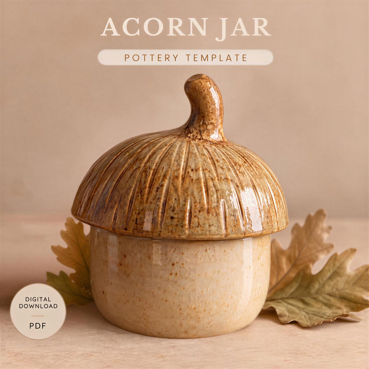 a ceramic acorn jar with a textured surface, placed on a surface with autumn leaves.