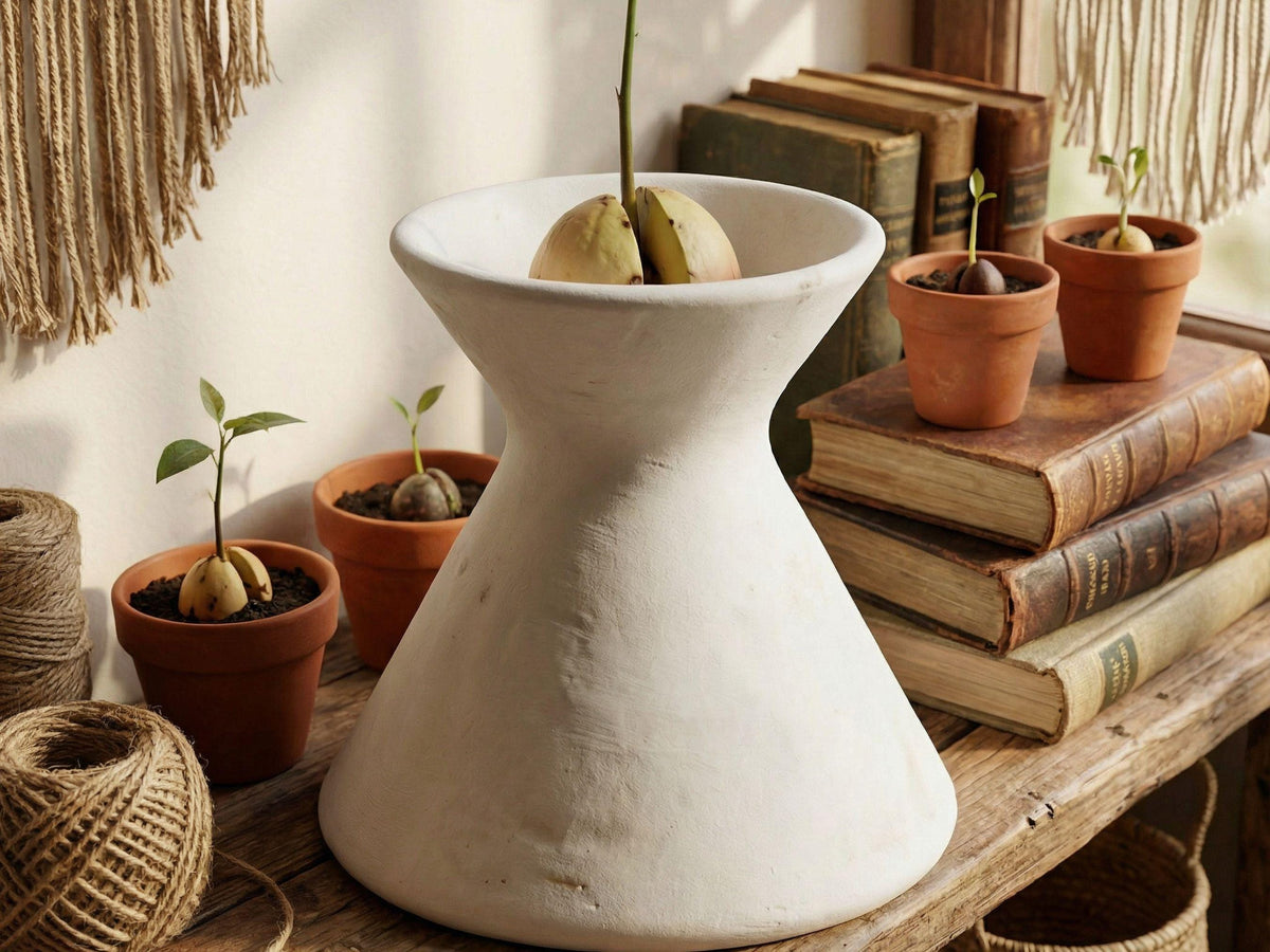a white vase with a plant growing in it, placed on a wooden surface next to several small potted plants and a stack of books.