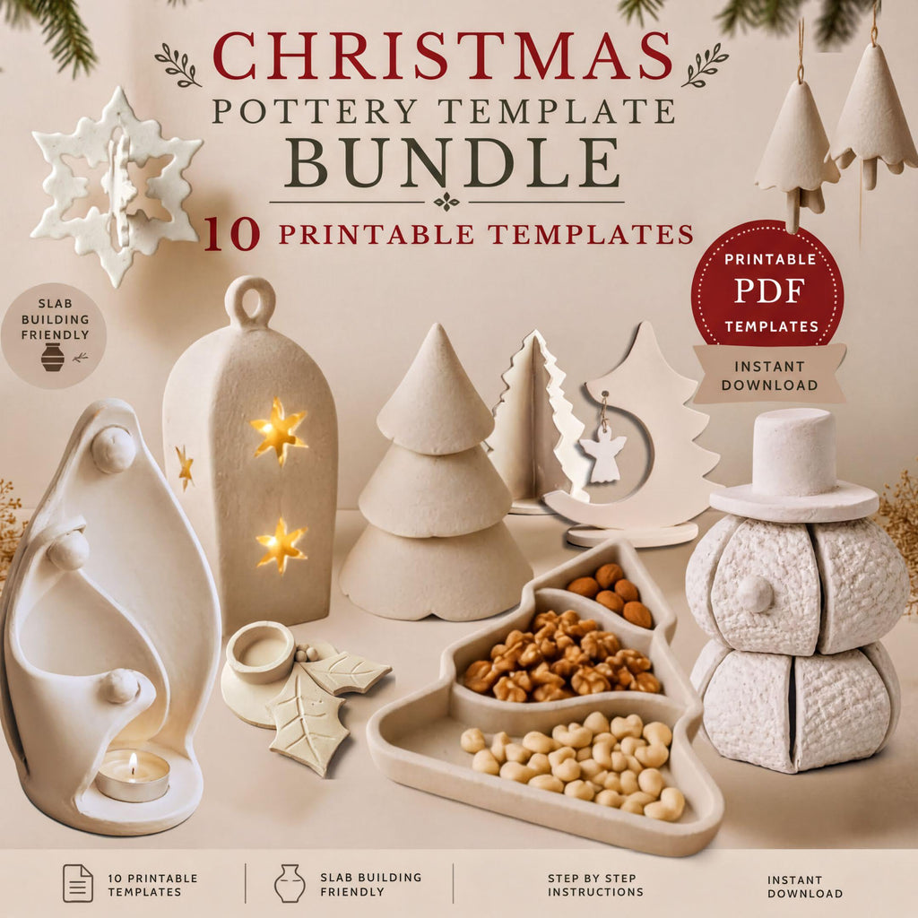 The image is a Christmas-themed advertisement for a pottery bundle featuring various ceramic ornaments and decorations, including a snowflake, a Christmas tree, a nativity scene, and a snowman.