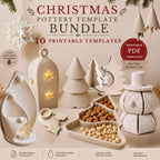 The image is a Christmas-themed advertisement for a pottery bundle featuring various ceramic ornaments and decorations, including a snowflake, a Christmas tree, a nativity scene, and a snowman.