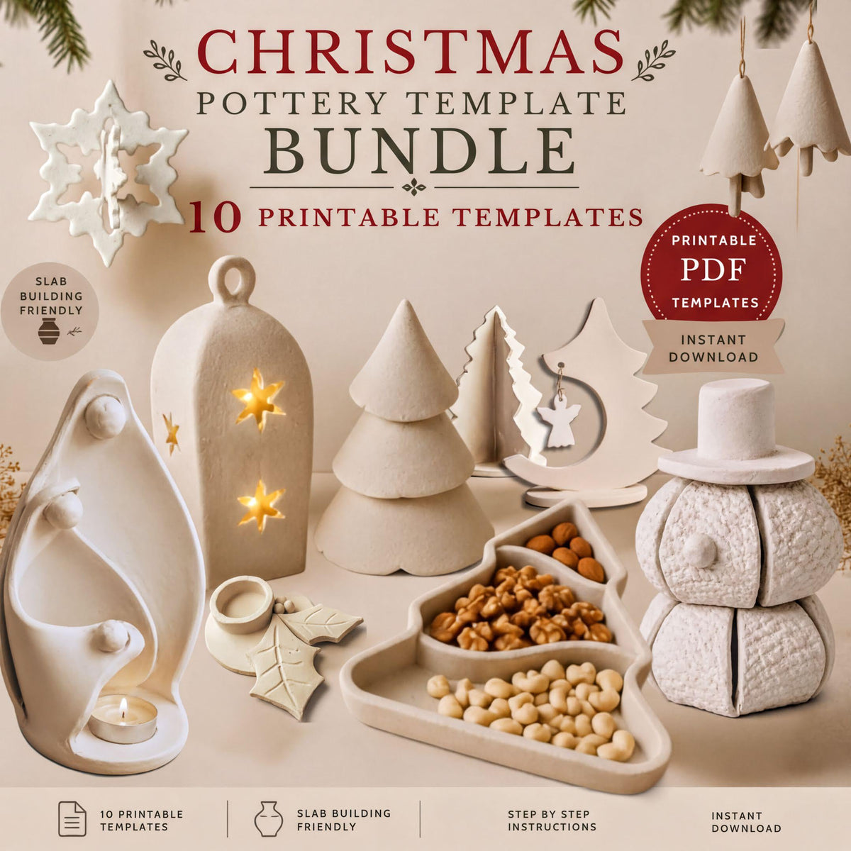 The image is a Christmas-themed advertisement for a pottery bundle featuring various ceramic ornaments and decorations, including a snowflake, a Christmas tree, a nativity scene, and a snowman.
