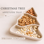A decorative ceramic Christmas tree-shaped appetizer tray filled with various nuts and dried fruits, including almonds, walnuts, and cashews.