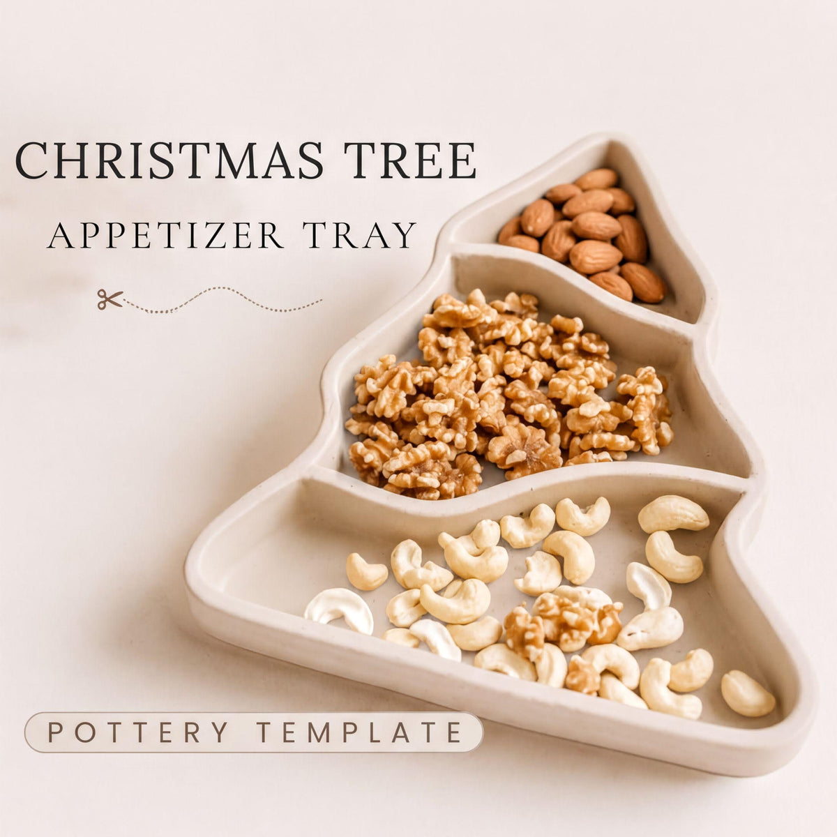 A decorative ceramic Christmas tree-shaped appetizer tray filled with various nuts and dried fruits, including almonds, walnuts, and cashews.