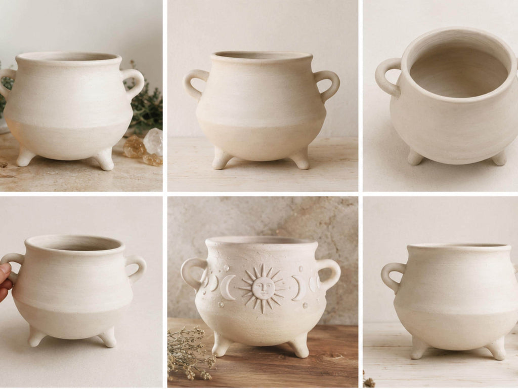 The image is a collage of six photos showing different views of a white ceramic pot with handles, featuring various designs and patterns.