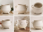 The image is a collage of six photos showing different views of a white ceramic pot with handles, featuring various designs and patterns.