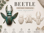 The image is a promotional poster for a pottery template kit featuring a detailed image of a green and brown beetle. The poster highlights the kit's ability to create beautiful pottery pieces and offers various design options, including a 3D design and endless possibilities.