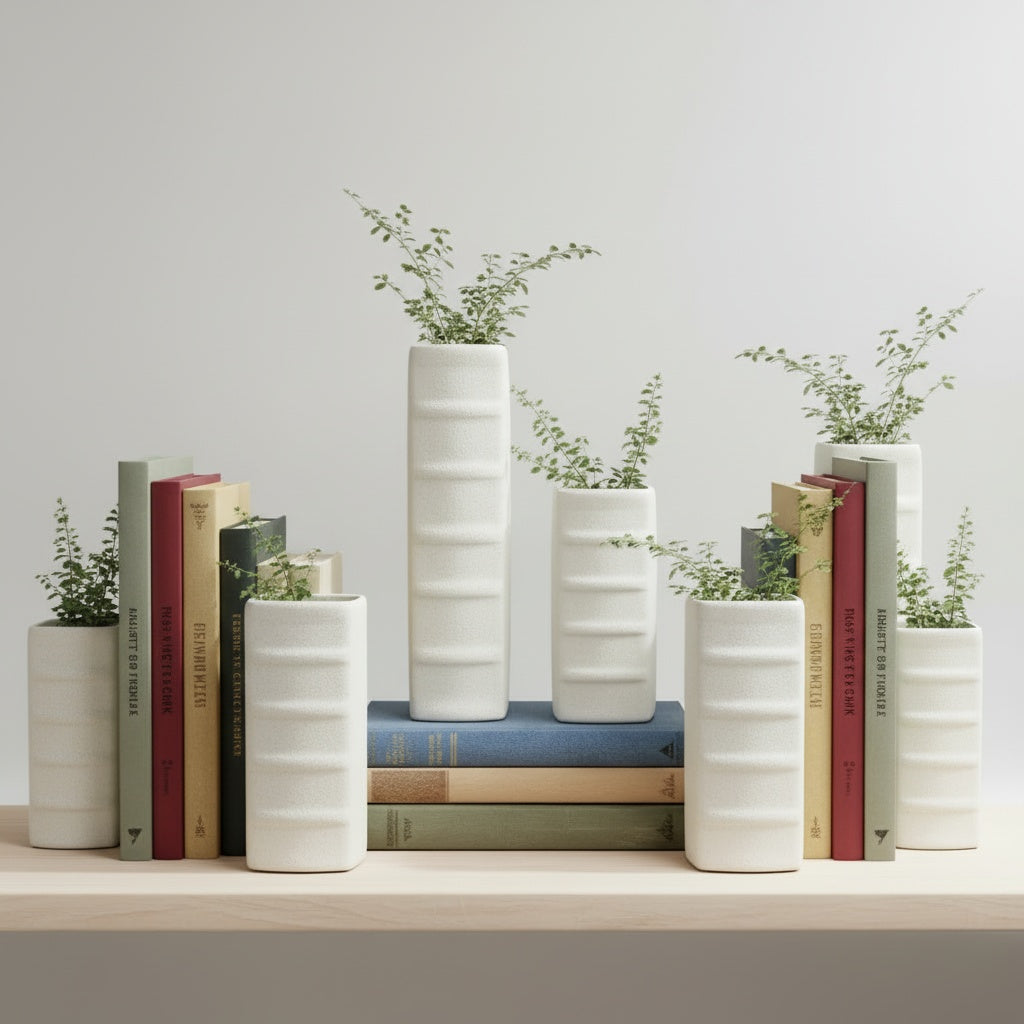 A collection of white vases with plants growing in them, arranged on a shelf alongside a stack of books.