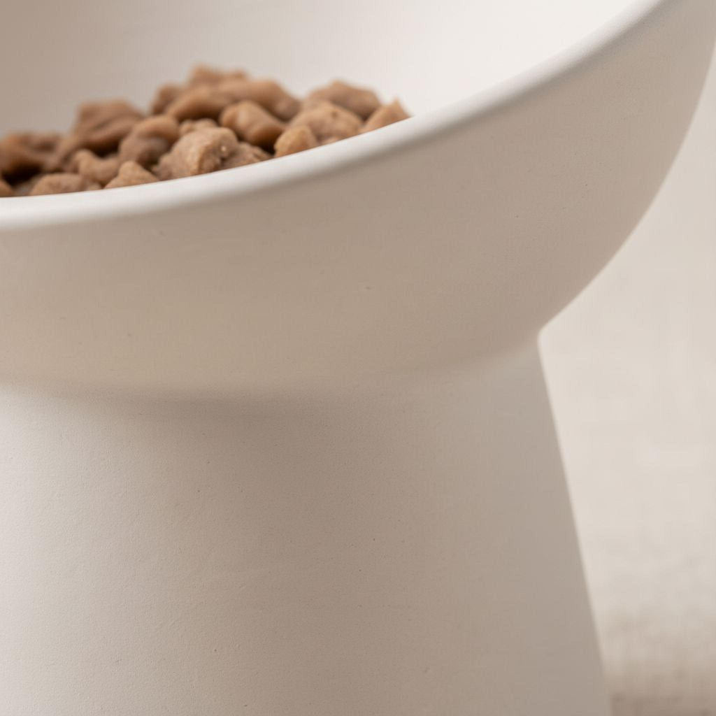 A white bowl filled with cat food is shown in the image.