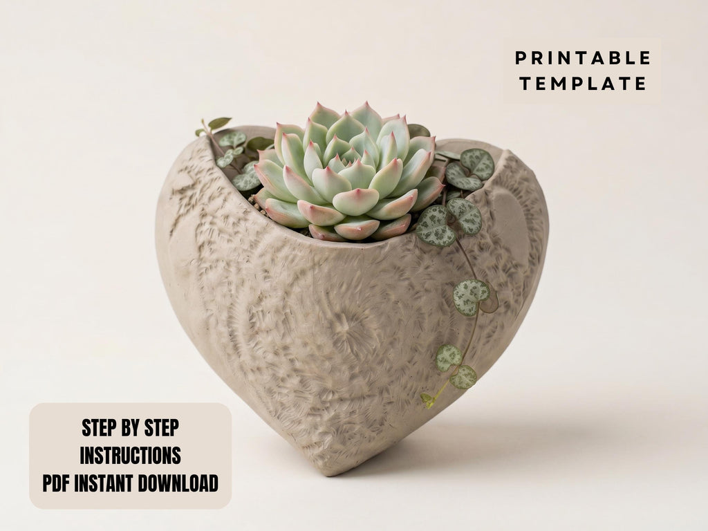 A heart-shaped ceramic planter with a succulent plant growing in it, placed on a white background.