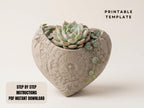 A heart-shaped ceramic planter with a succulent plant growing in it, placed on a white background.