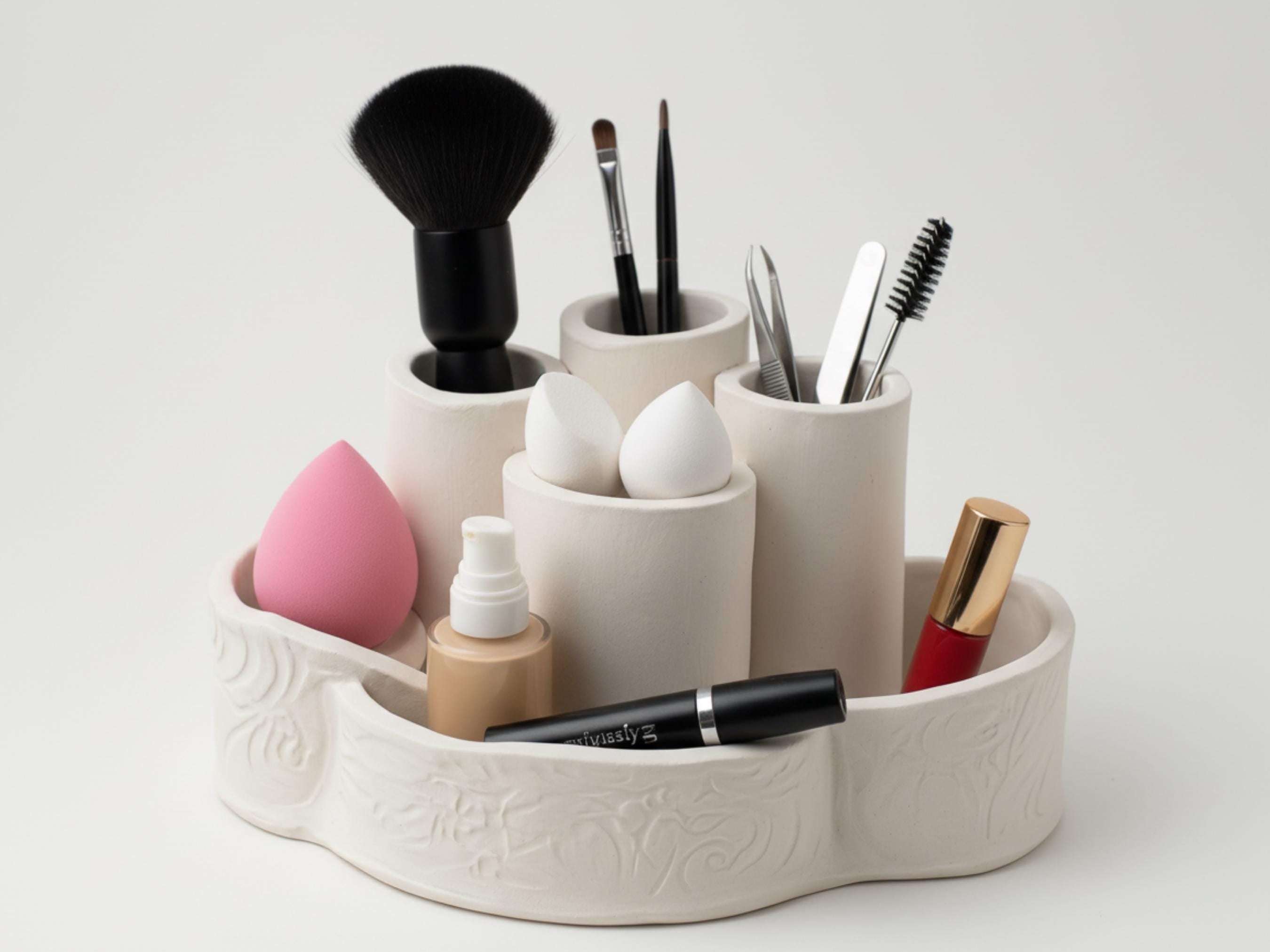 A white ceramic makeup holder containing various makeup items such as brushes, a makeup sponge, and other cosmetic products.