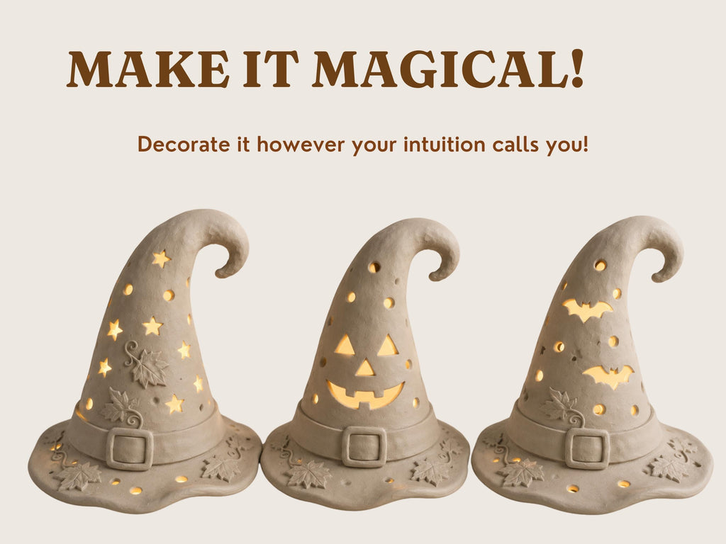 three witch hats with carved designs, including stars, bats, and a jack-o-lantern face, arranged in a row.