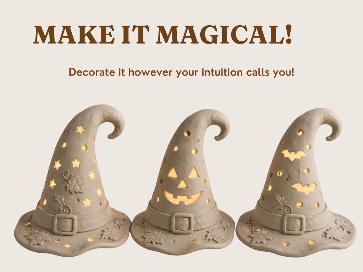 three witch hats with carved designs, including stars, bats, and a jack-o-lantern face, arranged in a row.