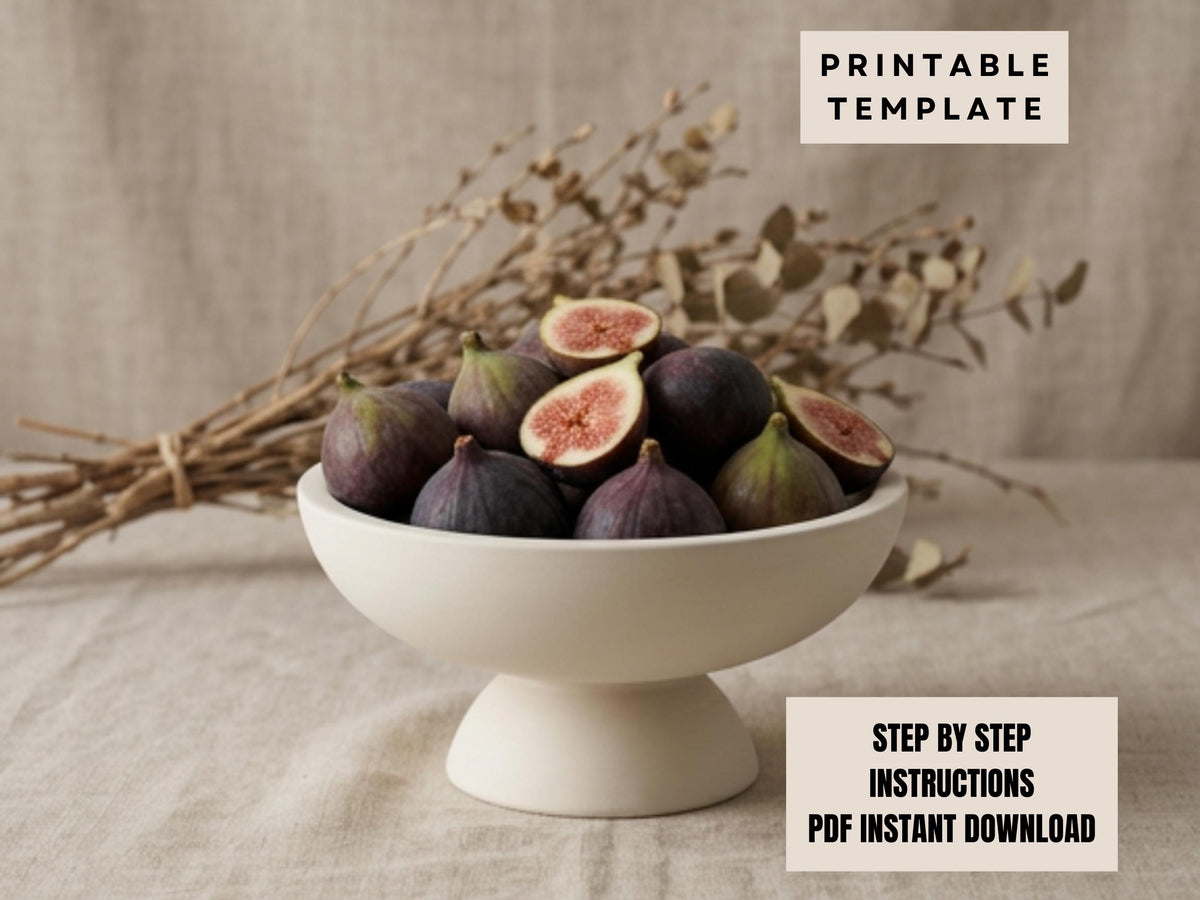 a white bowl filled with sliced figs, placed on a beige cloth. The bowl is positioned on a table, with a bunch of dried branches or twigs nearby. The image also includes a "PRINTABLE TEMPLATE" label and a "STEP BY STEP INSTRUCTIONS" label, suggesting that the image is a template for creating a similar arrangement.