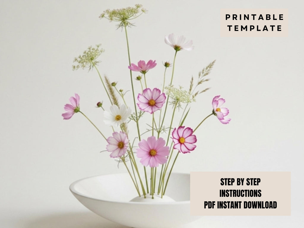 a white bowl filled with a variety of pink and white flowers, including daisies and other types of flowers, placed on a white surface.