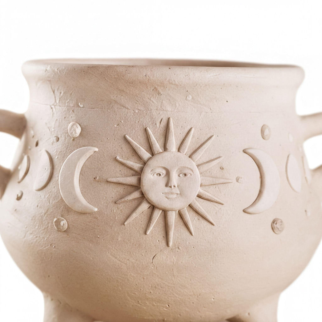 A close-up image of a ceramic pot with a sun and moon design on it.
