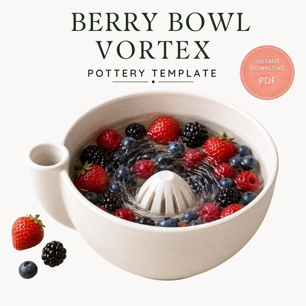a white bowl filled with a variety of fresh berries, including strawberries, raspberries, and blueberries, along with some blackberries. The bowl is placed on a white background, and there is a text overlay that reads "Berry Bowl Vortex" and "POTTERY TEMPLATE".