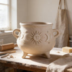 A ceramic pot with a sun and moon design sits on a wooden table, surrounded by various tools and materials in a workshop setting.