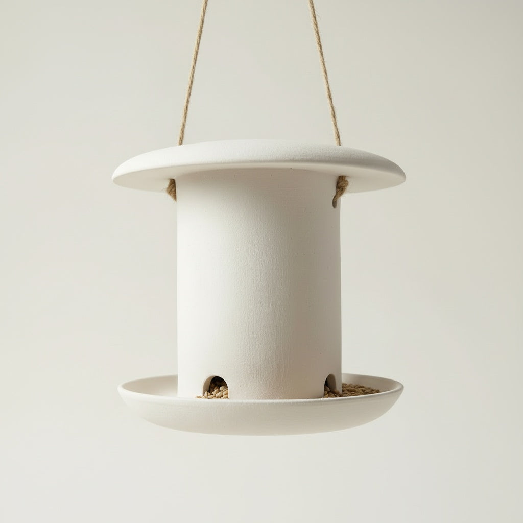 A white bird feeder with a round base and a small opening at the bottom, suspended from a string.