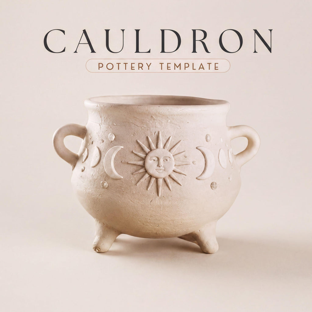 a ceramic pot with a sun and moon design, sitting on a light-colored surface.