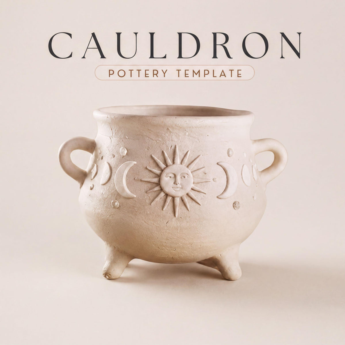 a ceramic pot with a sun and moon design, sitting on a light-colored surface.