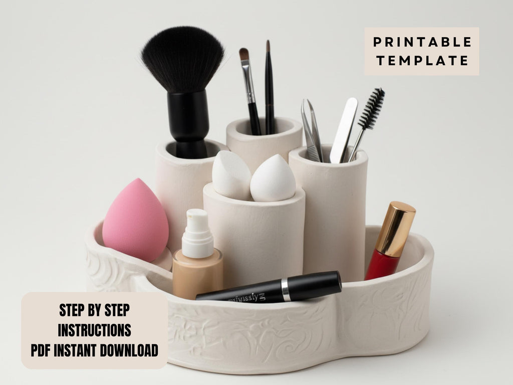 A white ceramic makeup organizer with various makeup brushes and products arranged in it.