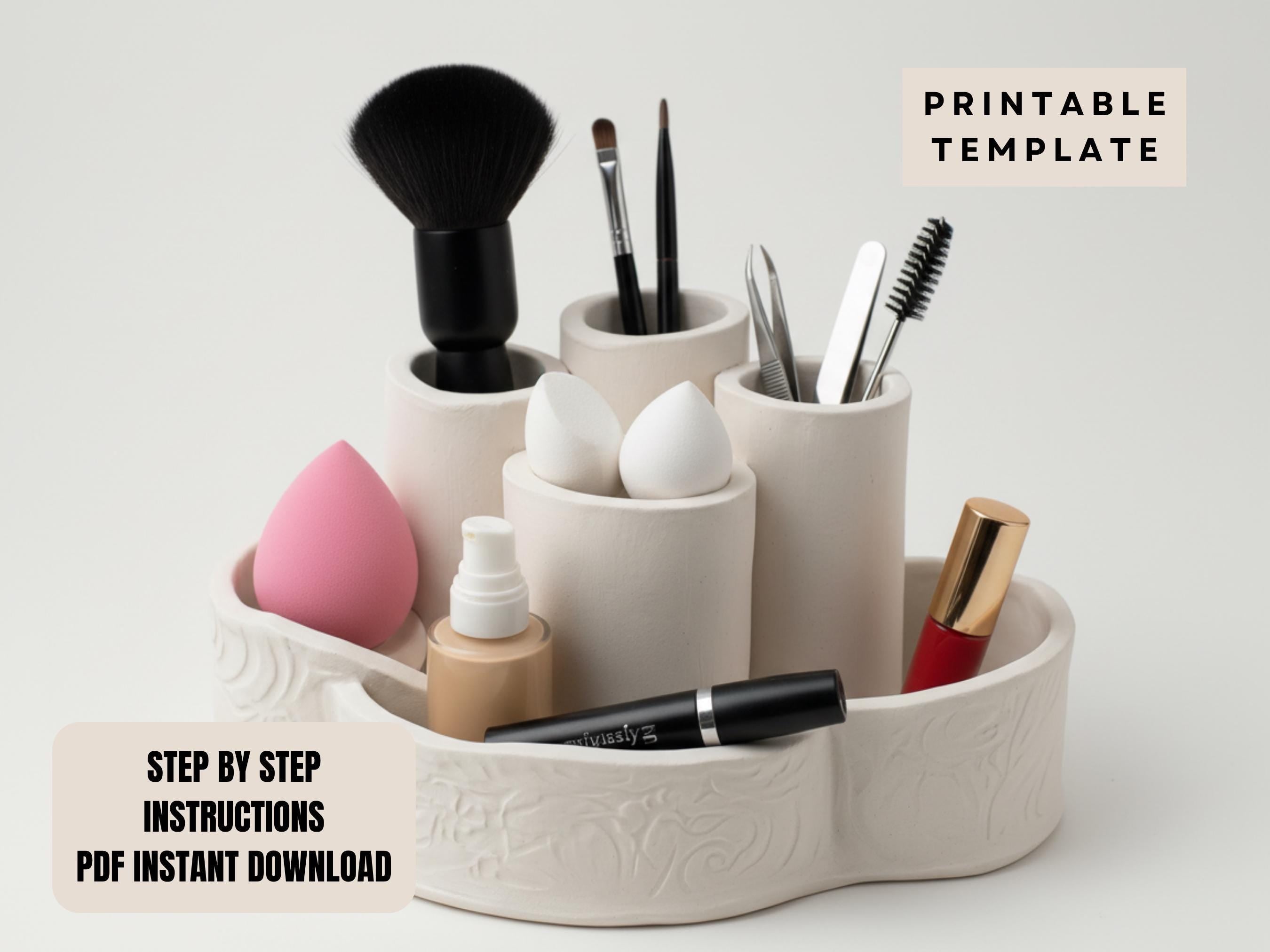 A white ceramic makeup organizer with various makeup brushes and products arranged in it.