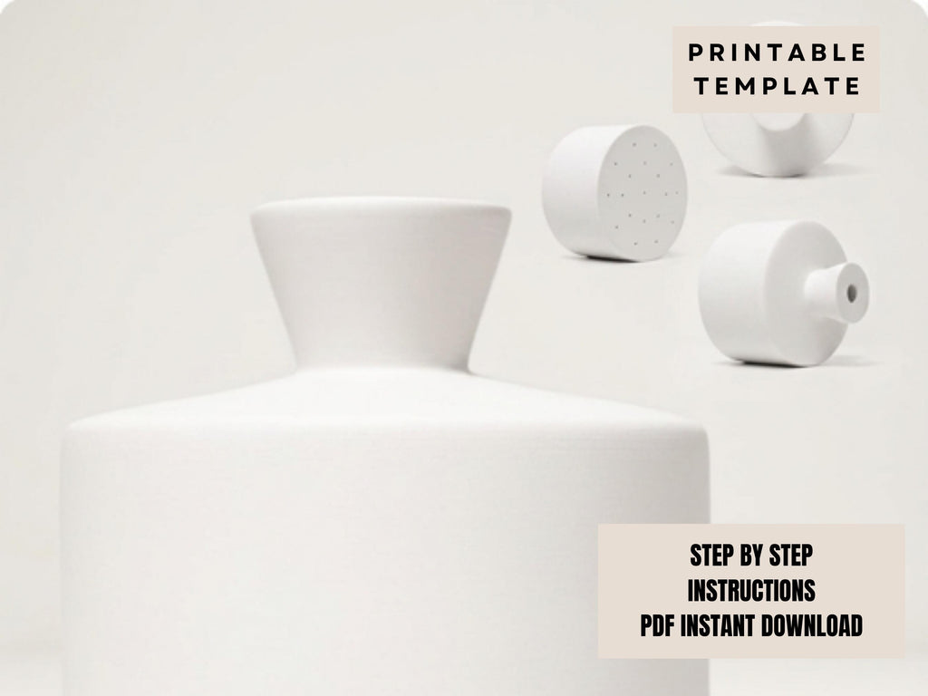 The image is a white ceramic object with a textured surface, accompanied by a "PRINTABLE TEMPLATE" label and instructions for a "STEP BY STEP INSTRUCTIONS" and a "PDF INSTANT DOWNLOAD".