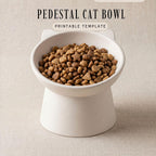 A white ceramic cat bowl filled with cat food is shown against a neutral background.