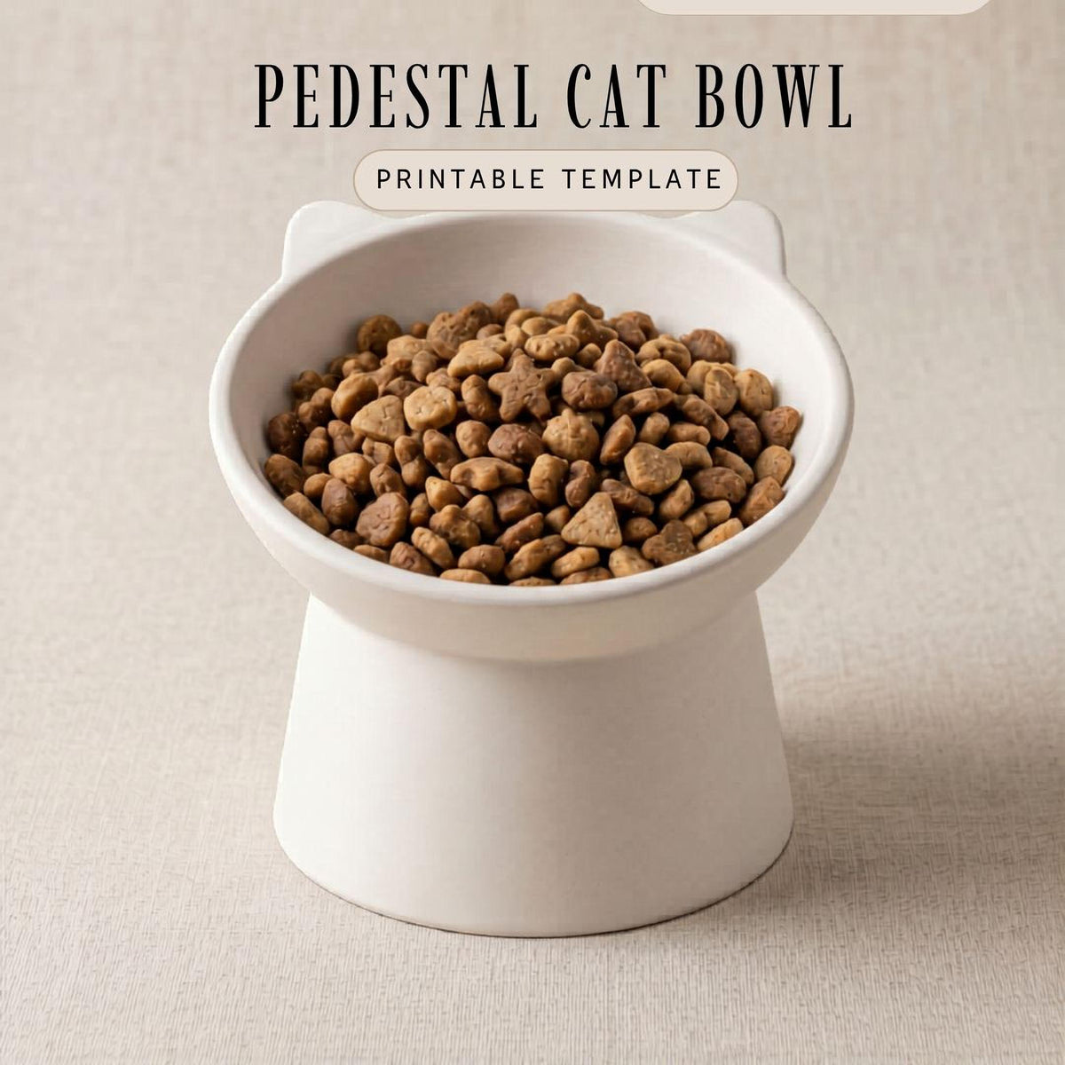 A white ceramic cat bowl filled with cat food is shown against a neutral background.