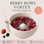 The image is an advertisement for a berry bowl vortex pottery template. It features a white bowl filled with raspberries and blackberries, with a spoon inside the bowl. The text on the image includes "Berry Bowl Vortex" and "POTTERY TEMPLATE" along with icons for "PRINTABLE PDF", "INSTANT DOWNLOAD", and "PERFECT FOR POTTERY".