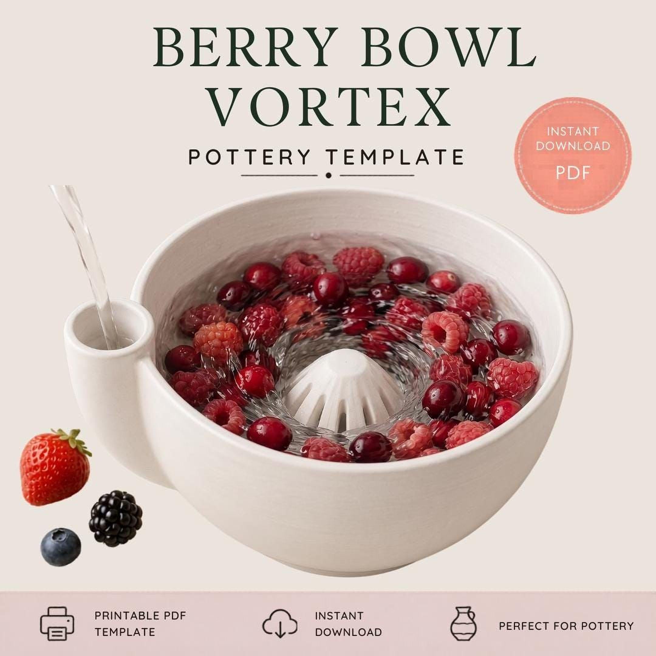 The image is an advertisement for a berry bowl vortex pottery template. It features a white bowl filled with raspberries and blackberries, with a spoon inside the bowl. The text on the image includes "Berry Bowl Vortex" and "POTTERY TEMPLATE" along with icons for "PRINTABLE PDF", "INSTANT DOWNLOAD", and "PERFECT FOR POTTERY".