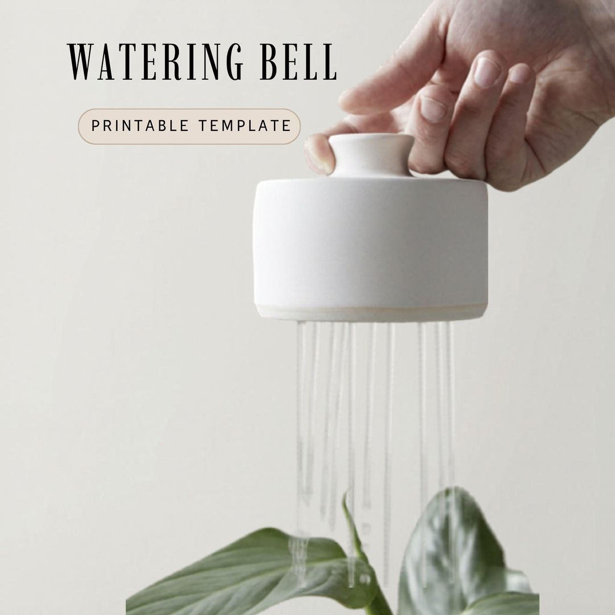 A hand is holding a white ceramic watering bell, which is spraying water onto a plant.