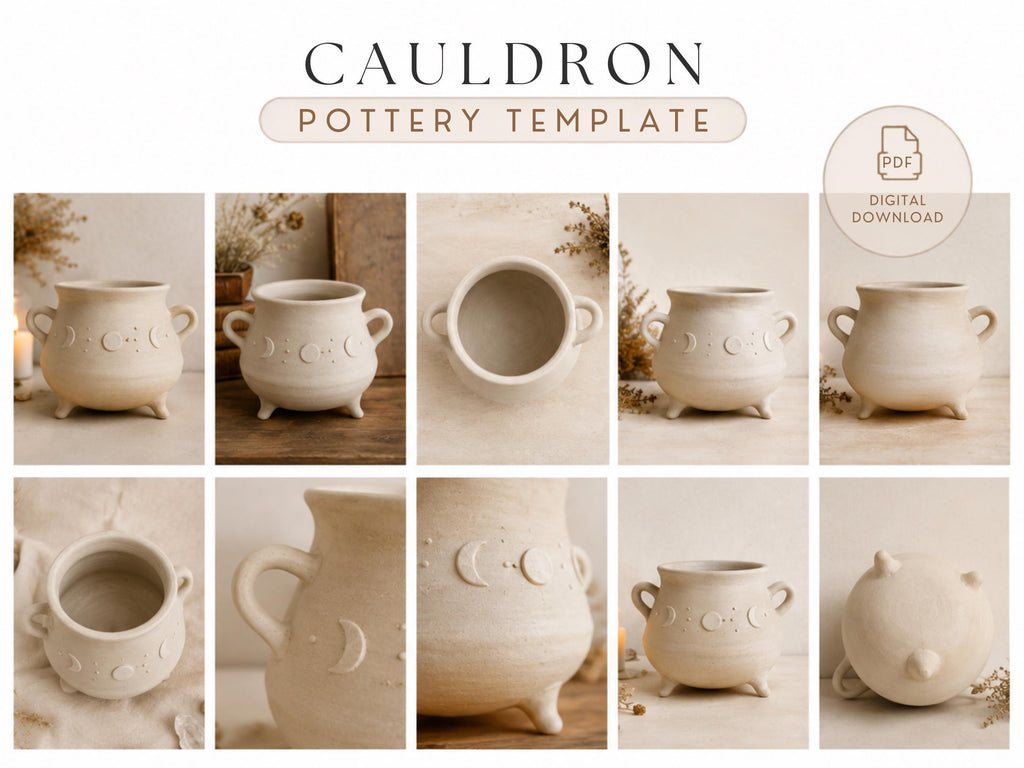 The image is a collage of nine pottery images featuring various designs and shapes, including a cauldron with moon motifs.
