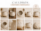 The image is a collage of nine pottery images featuring various designs and shapes, including a cauldron with moon motifs.
