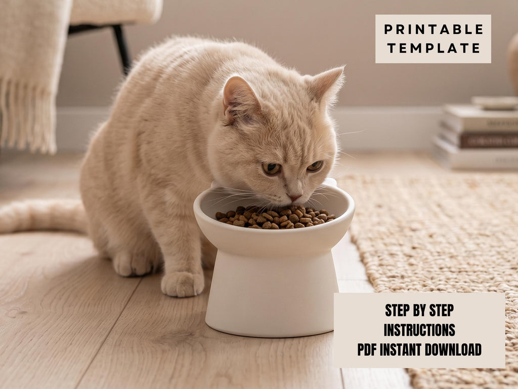A light-colored cat is eating food from a white bowl on a wooden floor.
