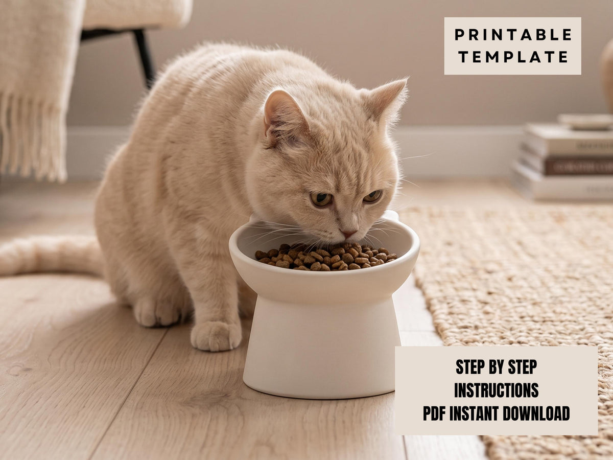 A light-colored cat is eating food from a white bowl on a wooden floor.