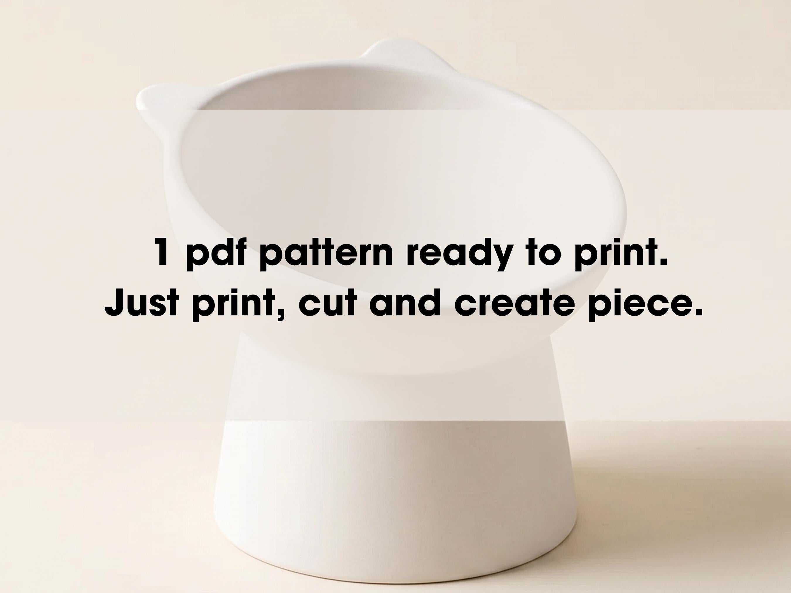A white ceramic bowl with a text overlay instructing to print a pattern, cut, and create a piece.
