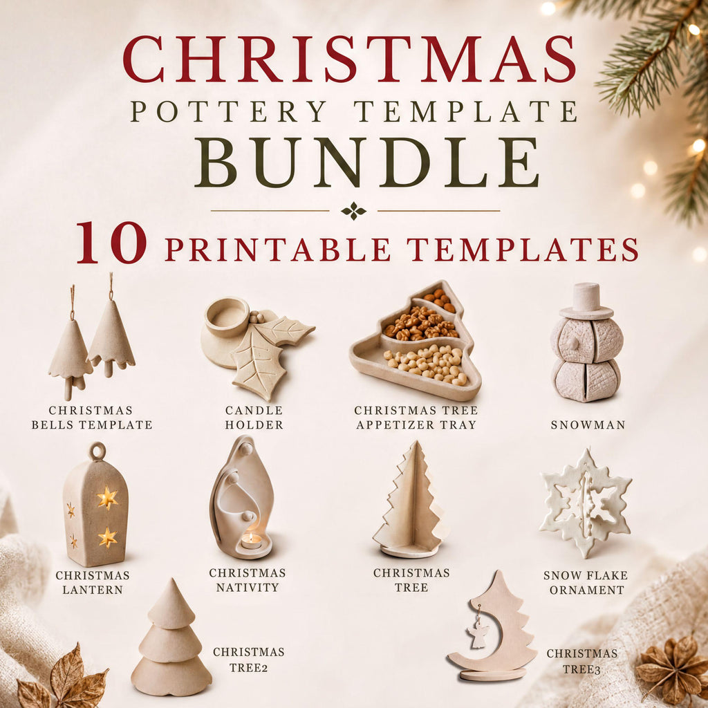 The image is a Christmas-themed advertisement featuring a variety of pottery and ceramic Christmas ornaments and decorations, including Christmas bells, candle holders, Christmas tree trays, snowman ornaments, lanterns, Christmas tree ornaments, and Christmas tree ornaments.
