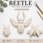 three clay sculptures of insects, specifically a beetle, arranged on a white background. The sculptures are accompanied by various pottery tools, such as a pottery wheel and a carving knife. The image also includes text that provides information about the "BEETLE POTTERY TEMPLATE" and includes icons for "PRINTABLE PDF", "INSTANT DOWNLOAD", and "PERFECT FOR POTTERY & AIR DRY CLAY".