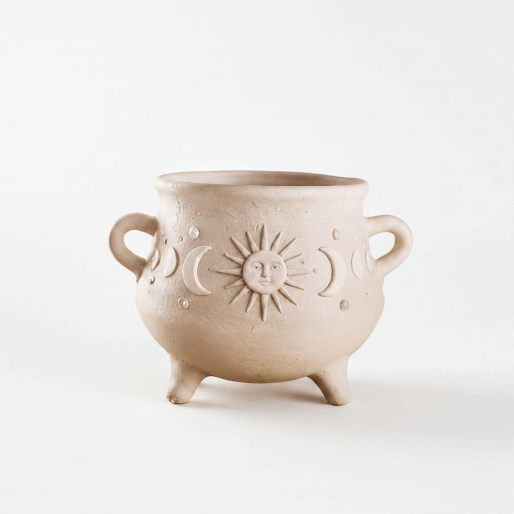 A beige ceramic pot with a sun and moon design on it, sitting on a white background.