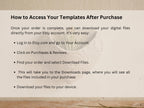 The image is a simple, straightforward guide on how to access your templates after purchase. It provides step-by-step instructions on how to download digital files directly from your Etsy account, including logging in, clicking on Purchases & Reviews, finding your order, and selecting the desired download files. The guide also mentions that you can download the files to your device.